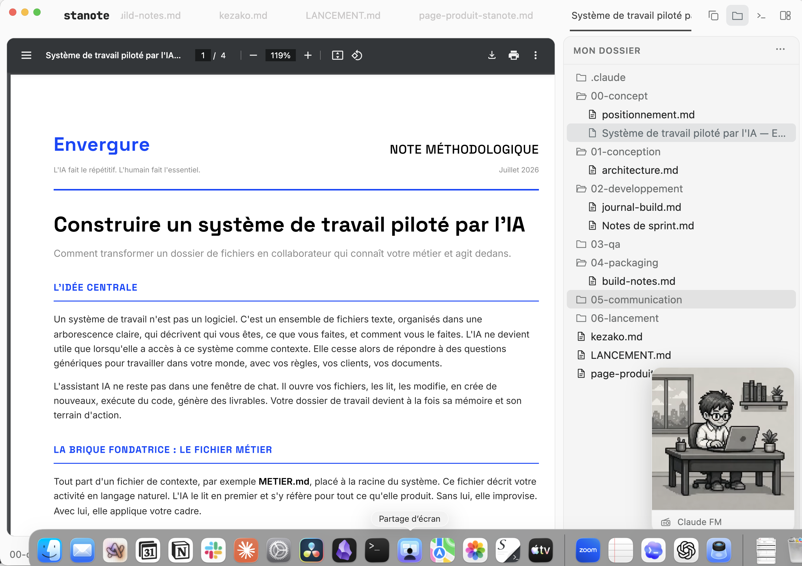 Stanote — aperçu de l'application avec l'éditeur, les fichiers et les outils de travail dans une seule fenêtre