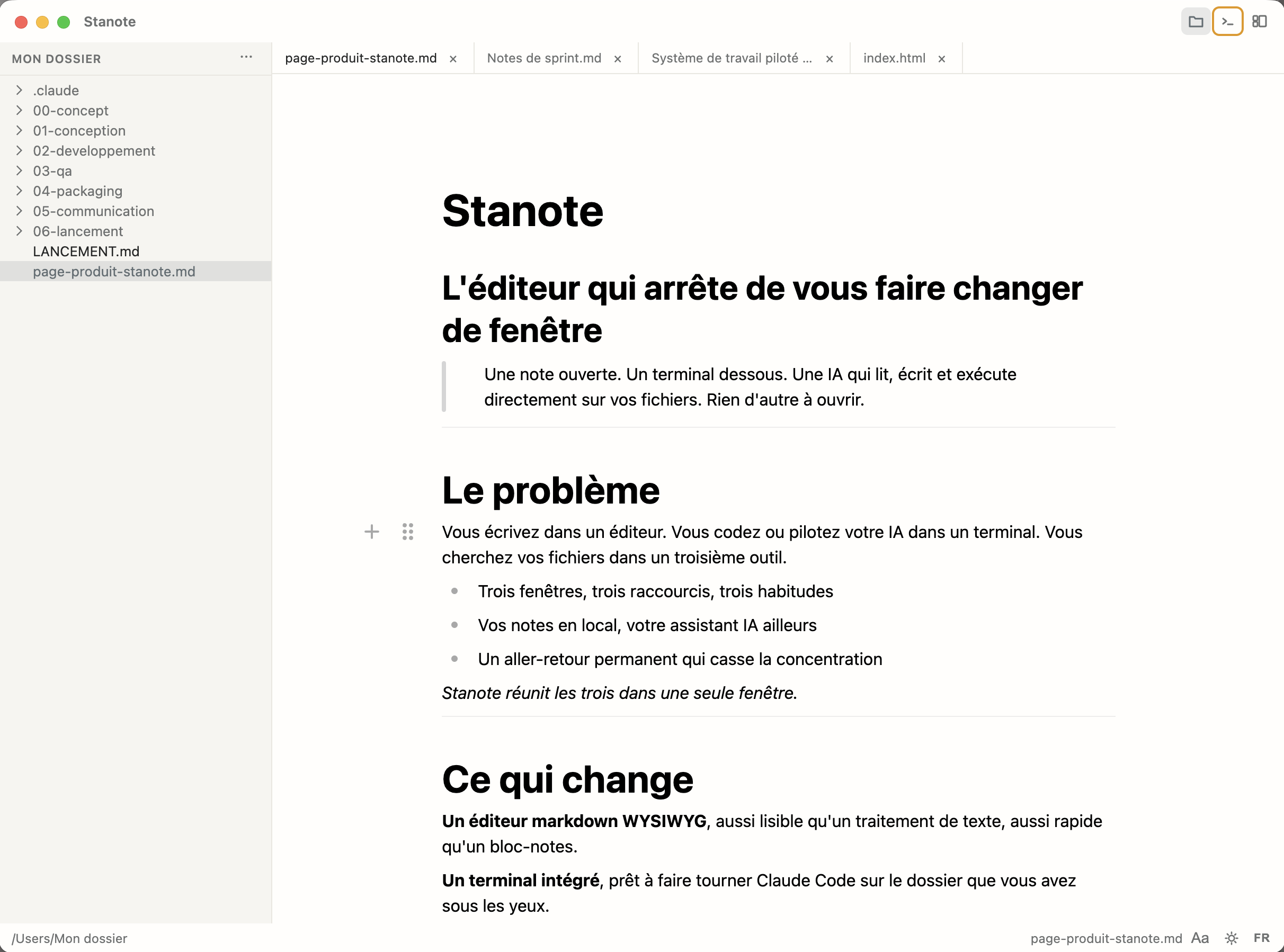 Stanote — éditeur WYSIWYG en thème clair avec l'arborescence de fichiers