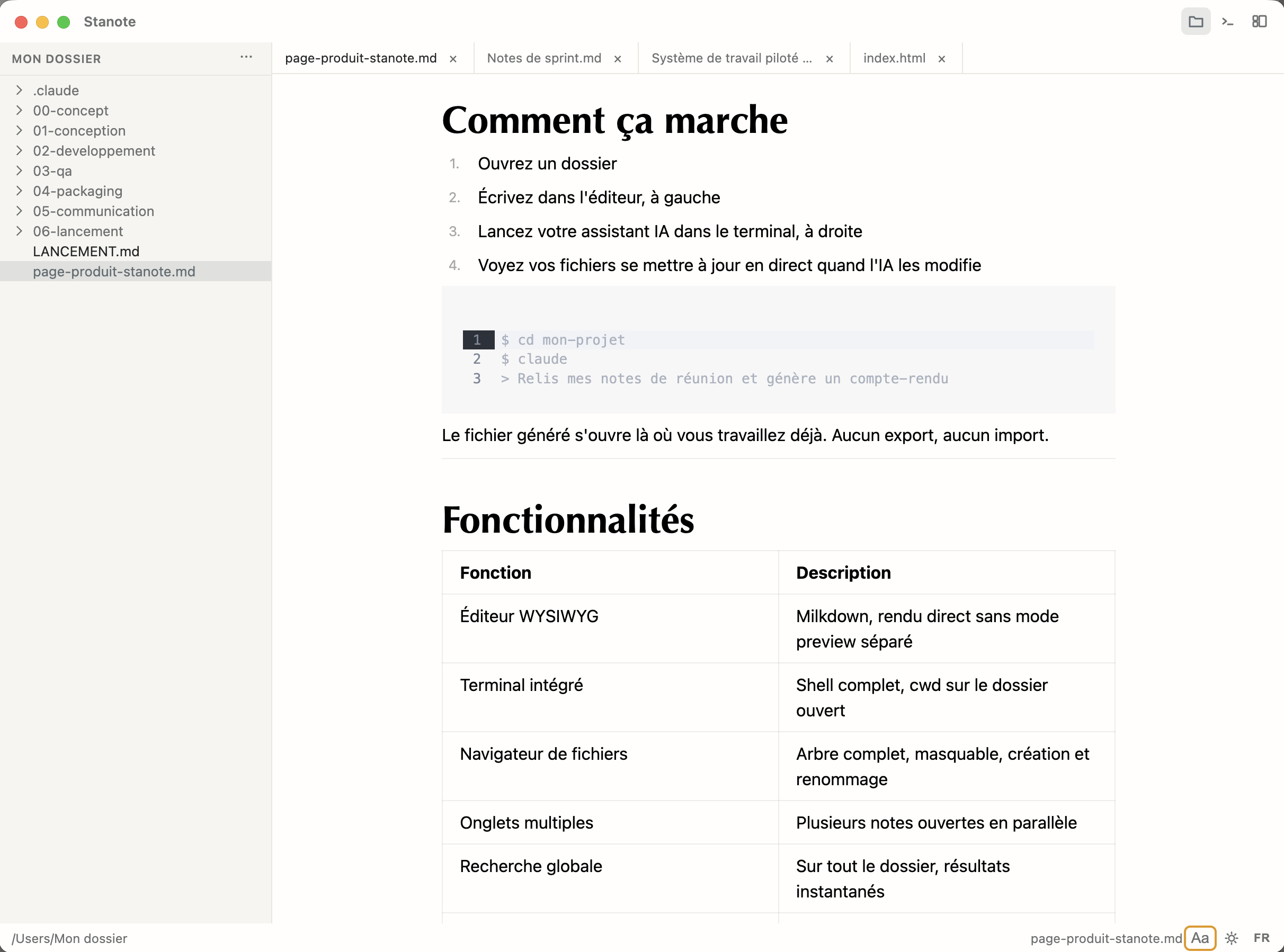Stanote — listes, bloc de code et tableau en mise en forme directe