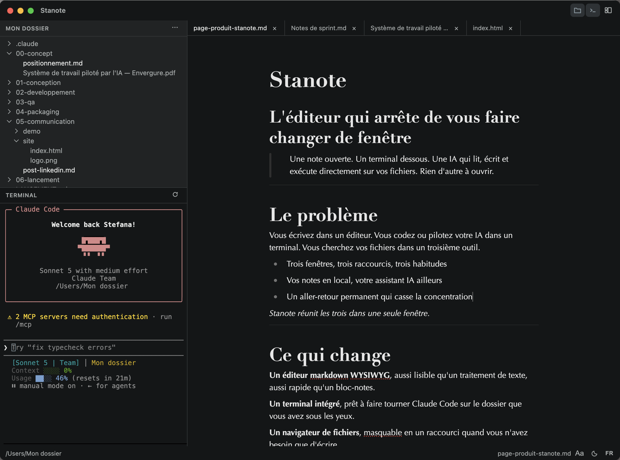 Stanote — terminal intégré avec Claude Code, en thème sombre