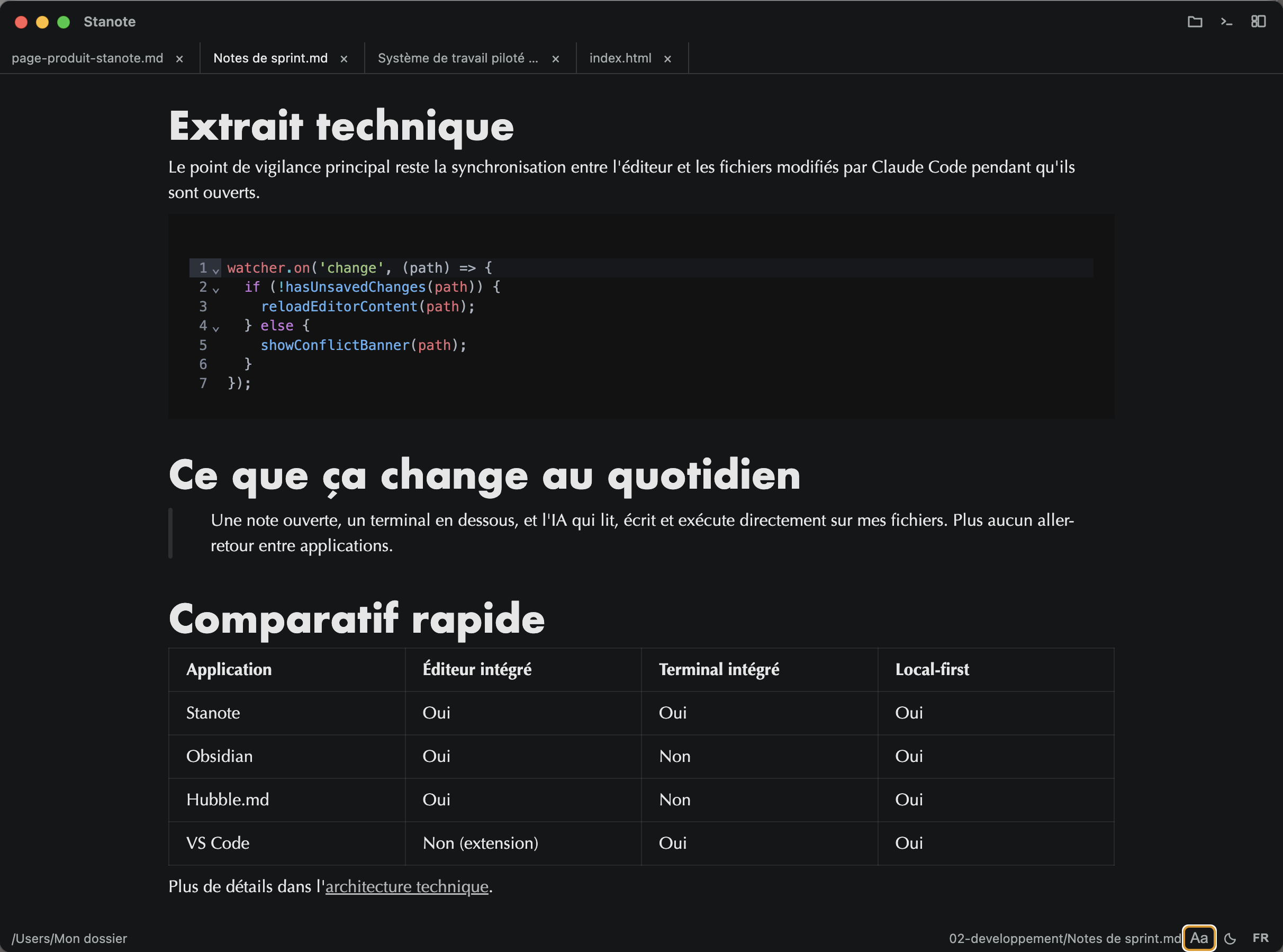 Stanote — bloc de code coloré et tableau comparatif