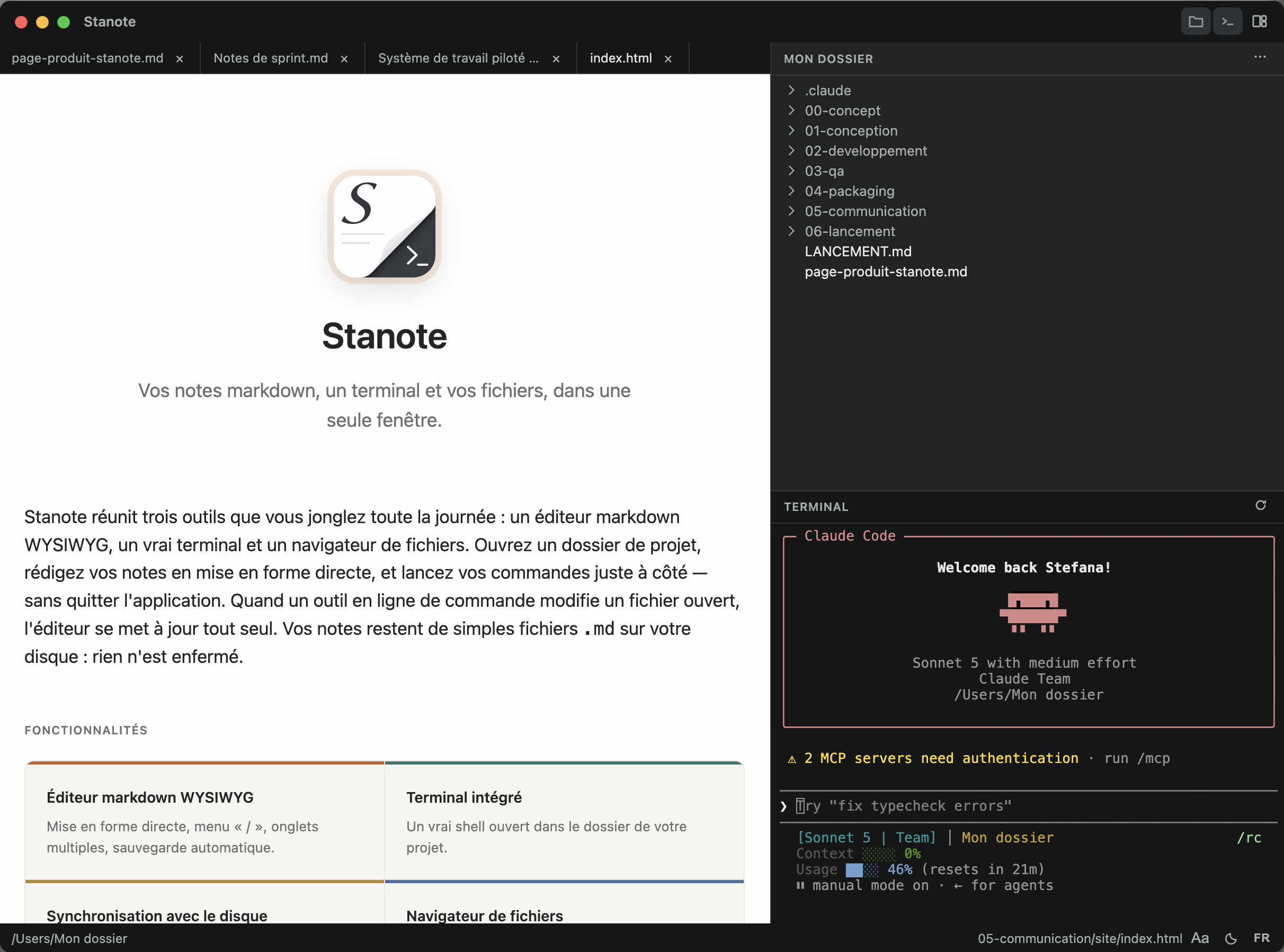 Stanote — éditeur, navigateur de fichiers et terminal côte à côte