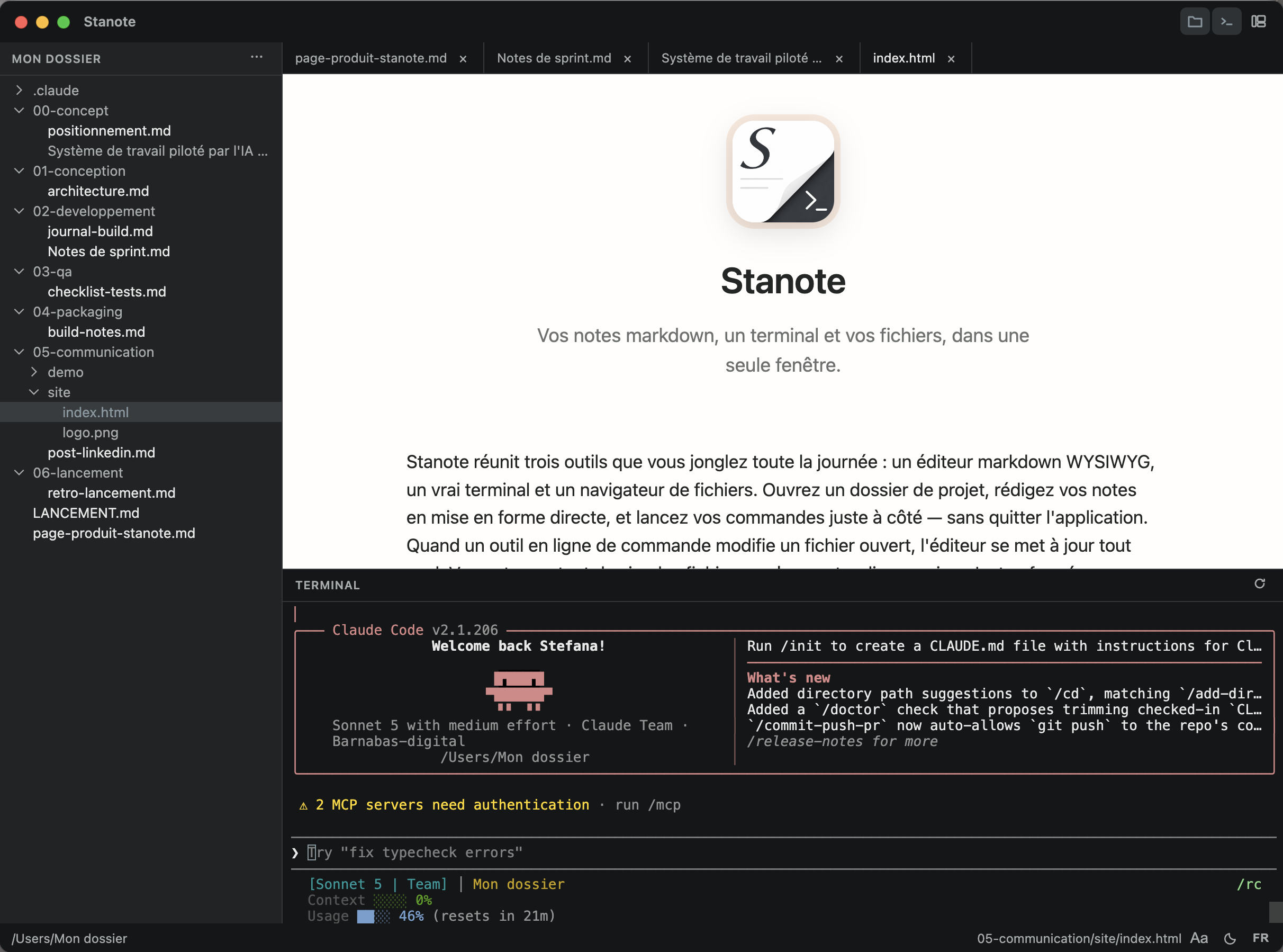 Stanote — éditeur au-dessus, terminal en dessous
