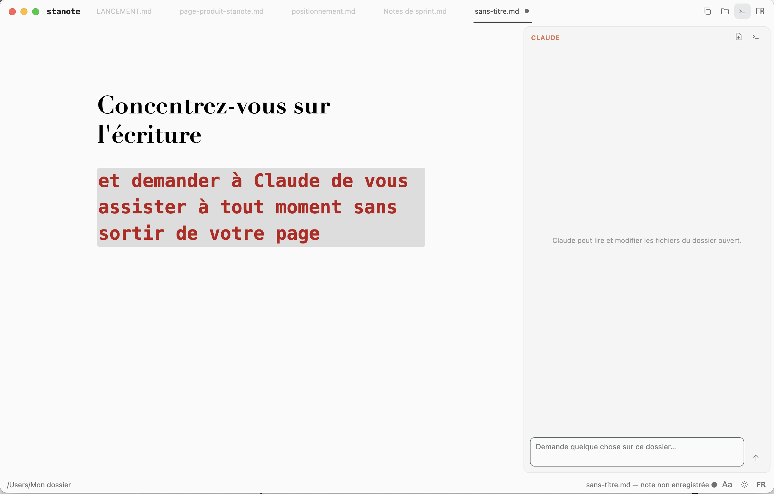 Stanote — panneau « Demander à Claude » qui modifie le texte de l'éditeur en direct