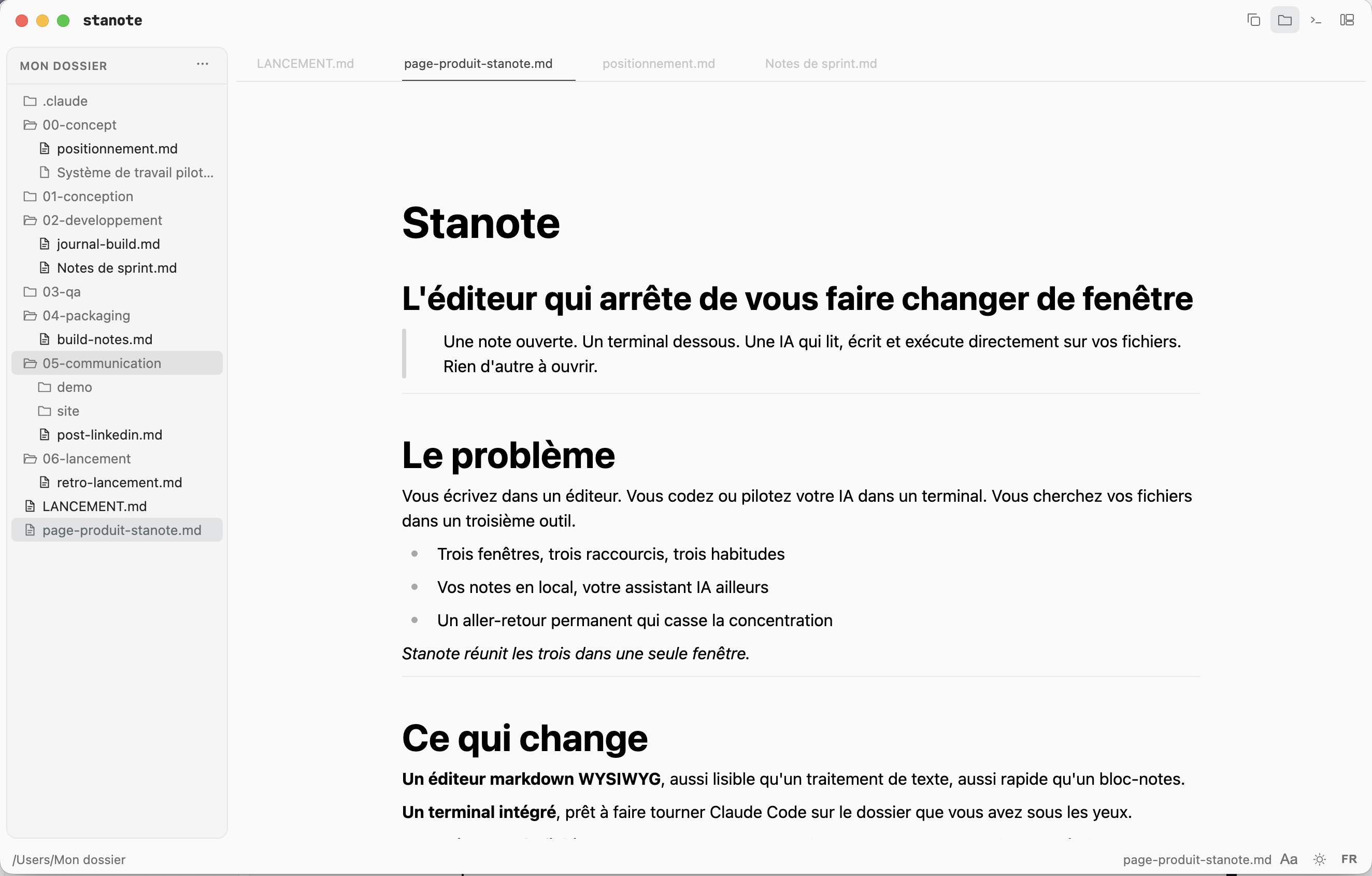 Stanote — éditeur en thème clair, nouvelle interface flottante avec onglets soulignés