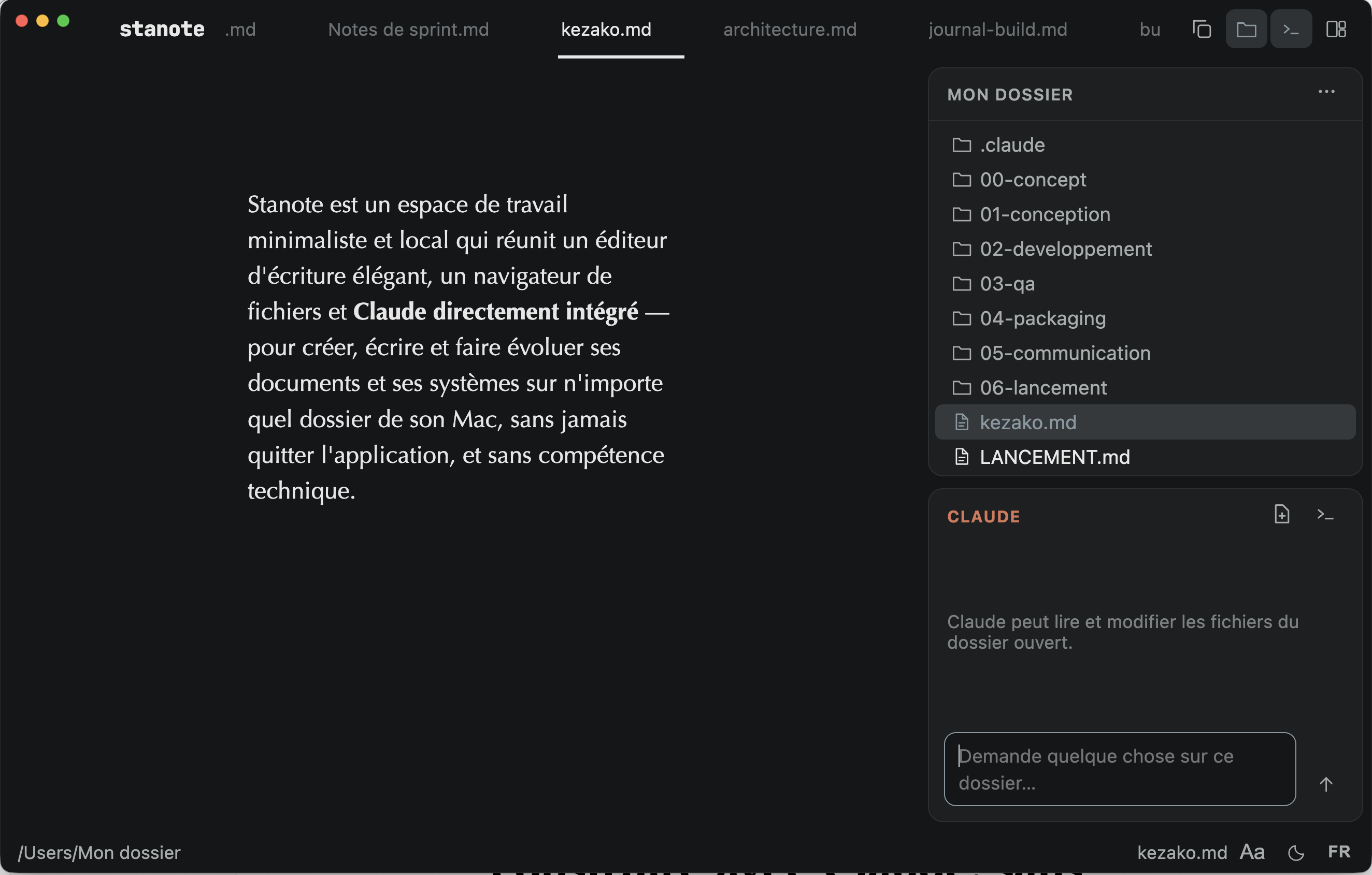 Stanote — éditeur, fichiers et panneau Claude, thème sombre